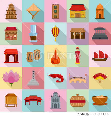 Vietnam travel tourism icons set flat style 93833137