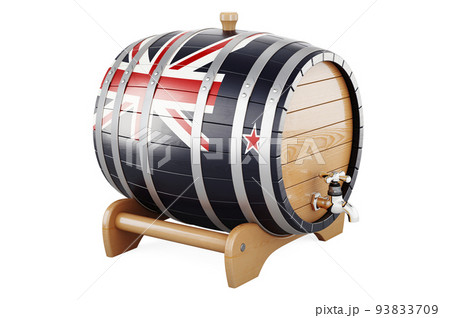 Wooden barrel with New Zealand flag, 3D rendering Wooden barrel with New Zealand flag, 3D rendering 93833709