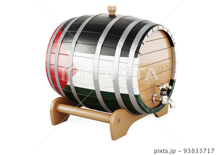 Wooden barrel with Palestinian flag, 3D rendering Wooden barrel with Palestinian flag, 3D rendering 93833717
