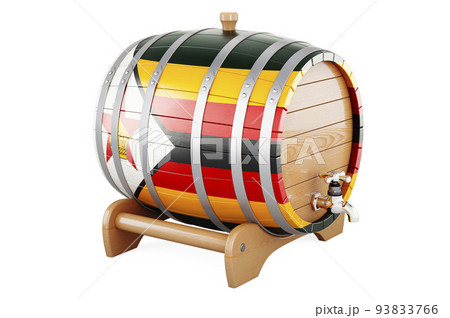 Wooden barrel with Zimbabwean flag, 3D rendering Wooden barrel with Zimbabwean flag, 3D rendering 93833766