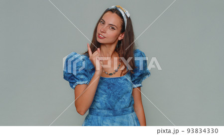 Displeased young woman show irritation and displeasure, asking why this happened, quarrel, failure Displeased young woman show irritation and displeasure, asking why this happened, quarrel, failure 93834330
