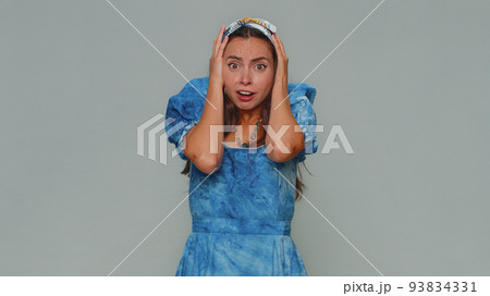 Depressed woman terrified of danger problems, suffering phobia, anxiety disorder, fear, stress panic 93834331