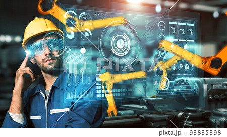 Engineer use cybernated robotic software control industry robot arm in factory 93835398