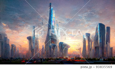 Spectacular futuristic cityscape, flying vehicles. Digital art 3D illustration Spectacular futuristic cityscape, flying vehicles. Digital art 3D illustration 93835569