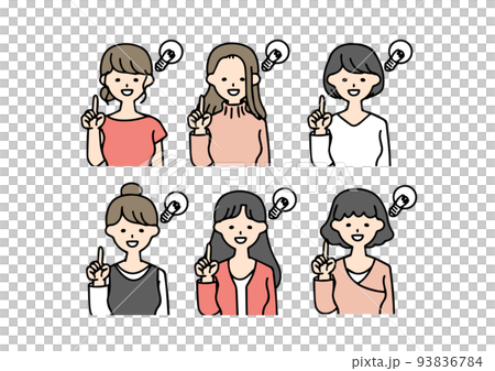 一組圖標,穿著各種休閒裝的女性想出主意 一組圖標,穿著各種休閒裝的女性想出主意 93836784