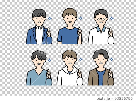 Icon set that men in various casual clothes are happy 93836796