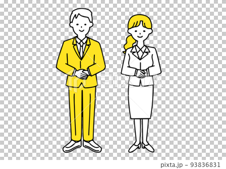 手を前に揃えているスーツ姿のビジネスマンの男女のシンプルなイラスト 93836831