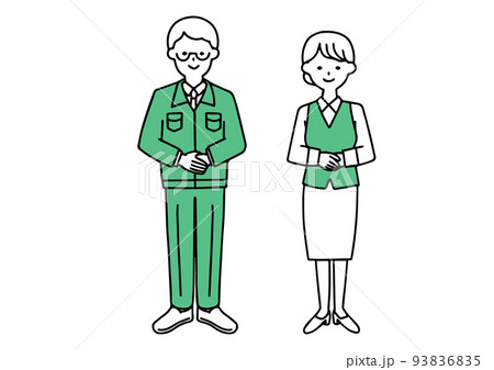 手を前に揃えている工務店の男性と受付の女性のシンプルなイラストのイラスト素材 9365