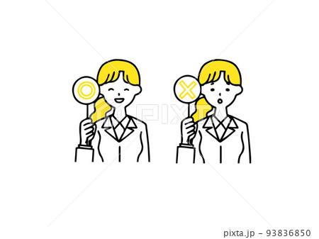 丸とバツの札を持っているビジネスマンの女性のアイコンセット 93836850
