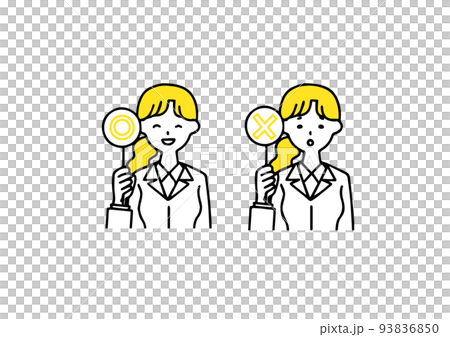 丸とバツの札を持っているビジネスマンの女性のアイコンセット 93836850