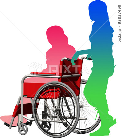 医療や介護に使う赤い車イスと人の背景透明イラスト 93837499