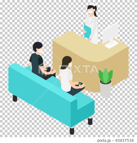 Hospital waiting room and nurses with masks Hospital waiting room and nurses with masks 93837538