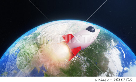 3D Render Rocket Jet Fly into Galaxy Space Star Field And Earth Planet 3D Illustration Background 93837710