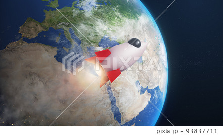 3D Render Rocket Jet Fly to Close Earth Planet On Galaxy Space 3D Illustration Background 93837711