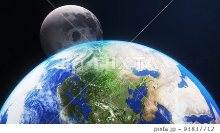 3D Render Show Up Moon Behind Close Up Earth Planet On Galaxy Space 3D Illustration Background 93837712