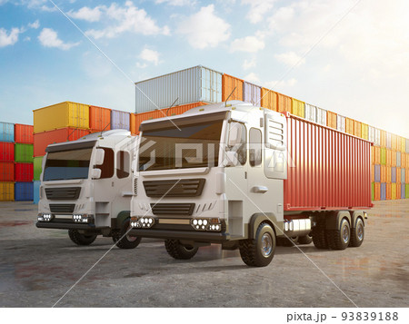 logistic trailer truck or electric vehicle lorry at container terminal logistic trailer truck or electric vehicle lorry at container terminal 93839188
