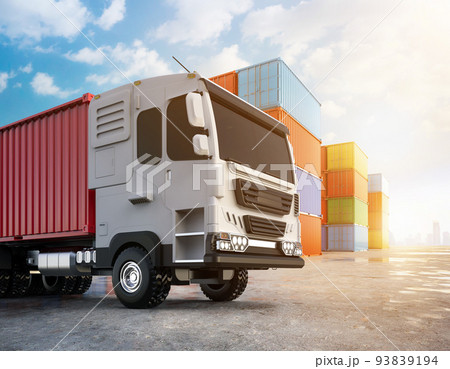 logistic trailer truck or electric vehicle lorry at container terminal logistic trailer truck or electric vehicle lorry at container terminal 93839194