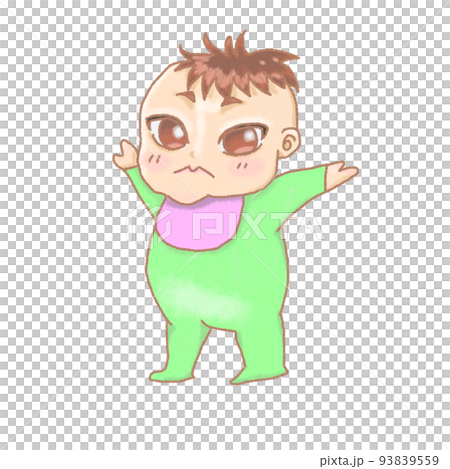 Baby boy wearing green clothes standing up 93839559