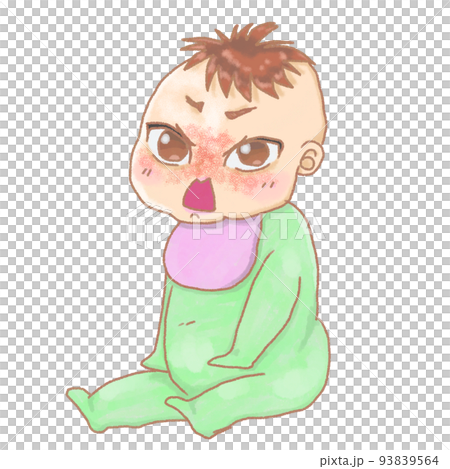 Baby boy in green clothes sitting and angry 93839564