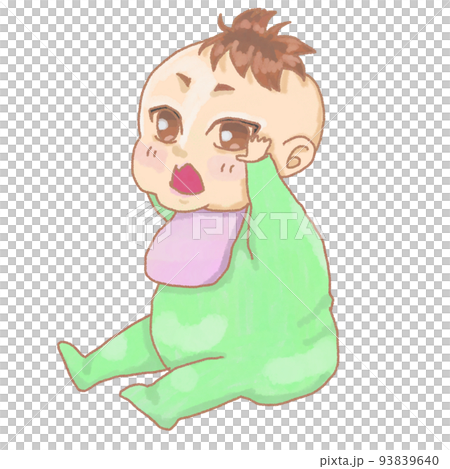 Baby boy wearing green clothes sitting and calling 93839640
