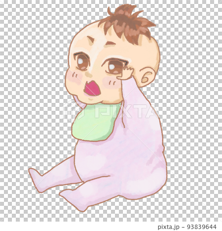 baby girl in pink clothes sitting and calling 93839644