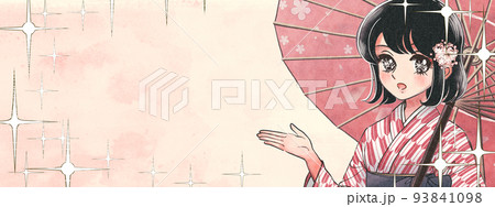 レトロ少女漫画風・和傘を持って矢絣の着物を着た小町娘バナー 93841098