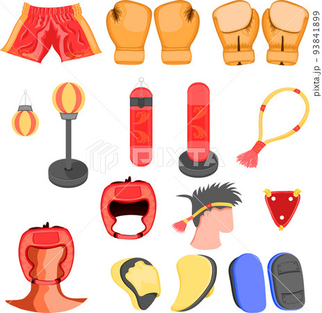 boxing equipment mitt sack crotch kick ring jump rope knee muay thai elbow gaiter stride pants rope chestnut jock strap vector illustration 93841899