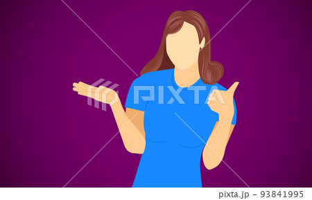 woman show left hand like for congratulation pleased happy glad and right presentation product. vector illustration eps10 93841995
