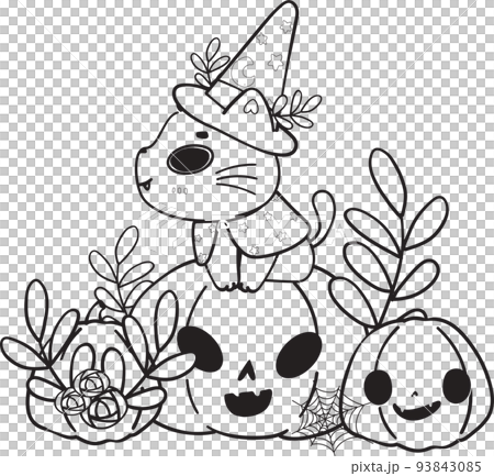 cute Halloween magic cat witch costume cartoon outline doodle vector for colouring book cute Halloween magic cat witch costume cartoon outline doodle vector for colouring book 93843085
