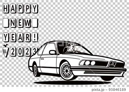 2023年新年賀卡單色模板兔子和復古德式汽車風格轎跑車 93846189
