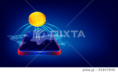 luxury gold libra cryptocurrency coin symbol.  people use the big virtual blockchain around the world via beautiful smartphone. colorful background style. vector illustration eps10 93847640