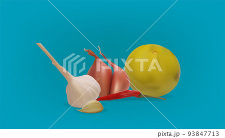 set of realistic flavoring vegetable of thai food with garlic pepper shallot lemon. vector illustration eps10 set of realistic flavoring vegetable of thai food with garlic pepper shallot lemon. vector illustration eps10 93847713