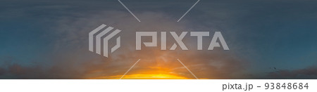 Bright sunset sky panorama with Cirrus clouds. Hdr seamless spherical equirectangular 360 panorama. Sky dome or zenith for 3D visualization, game and sky replacement for aerial drone 360 panoramas. Bright sunset sky panorama with Cirrus clouds. Hdr seamless spherical equirectangular 360 panorama. Sky dome or zenith for 3D visualization, game and sky replacement for aerial drone 360 panoramas. 93848684