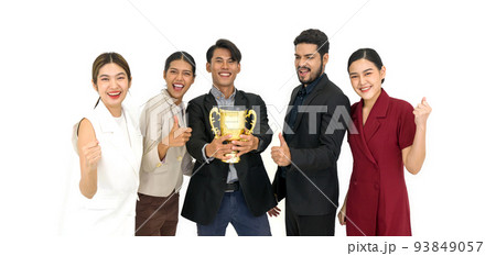 Team of successful young people standing together with trophy received from the work done proudly. Portrait on white background with studio light. 93849057