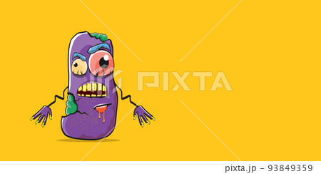 vector funny cartoon spooky violet zombie potato character isolated on orange background. Zombie potato vector concept halloween background and label. Dead monster vegetable funky character 93849359