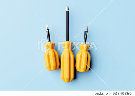 3D illustration of a yellow crosshead screwdrivers hand tool isolated on a monocrome background. 3D render and illustration of repair and installation tool 3D illustration of a yellow crosshead screwdrivers hand tool isolated on a monocrome background. 3D render and illustration of repair and installation tool 93849860
