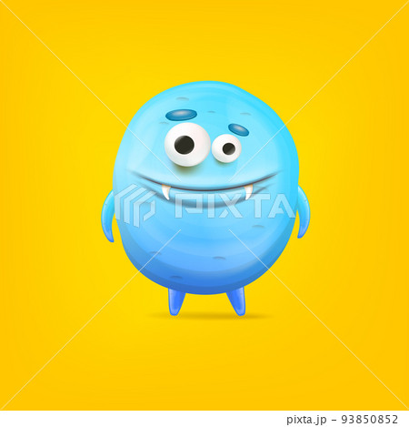 Vector cartoon funny blue alien monster isolated on yellow background. Smiling silly blue monster print sticker design template. Cute Ghost, troll, gremlin, goblin, devil and halloween monster 93850852