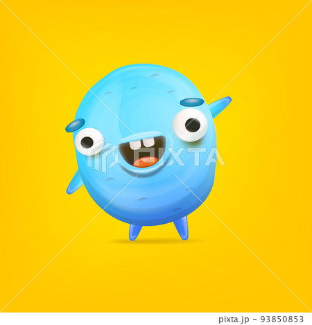 Vector cartoon funny blue alien monster isolated on yellow background. Smiling silly blue monster print sticker design template. Cute Ghost, troll, gremlin, goblin, devil and halloween monster Vector cartoon funny blue alien monster isolated on yellow background. Smiling silly blue monster print sticker design template. Cute Ghost, troll, gremlin, goblin, devil and halloween monster 93850853
