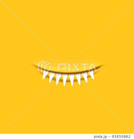 Vector Cartoon open monster shark mouth isolated on orange background. Funny and cute Halloween Monster open mouth with big vampire fangs 93850862
