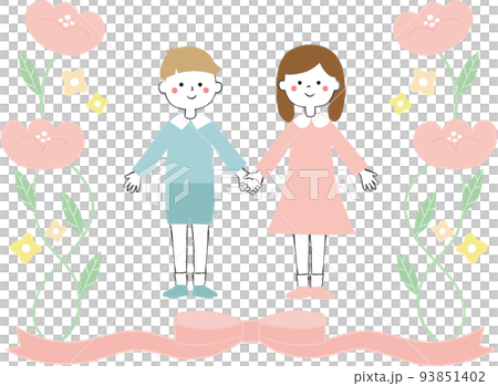 手をつなぐ男の子と女の子　お花　リボン　お祝い 93851402