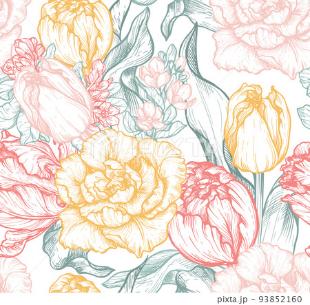Beautiful hand drawn vector seamless patterns with tulip flowers Beautiful hand drawn vector seamless patterns with tulip flowers 93852160