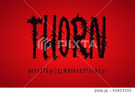 Thorn alphabet. Black ominous letters with thorns like prickly briar branches. Creepy and scary effect font for horror headline and logo, Halloween font on red background. Vector typographic design Thorn alphabet. Black ominous letters with thorns like prickly briar branches. Creepy and scary effect font for horror headline and logo, Halloween font on red background. Vector typographic design 93853505