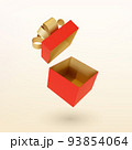 Christmas empty open red gift box with golden ribbon bow. 3D Xmas realistic vector object. 93854064