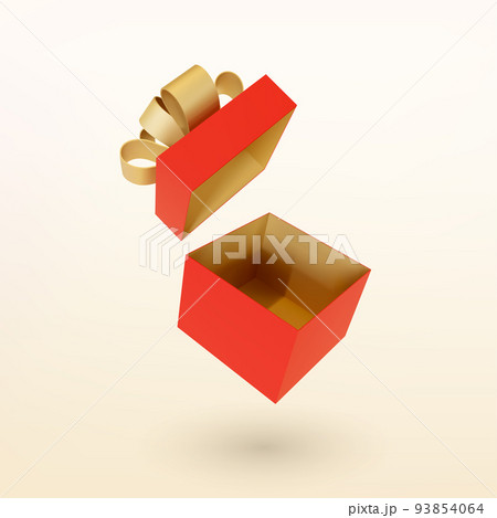 Christmas empty open red gift box with golden ribbon bow. 3D Xmas realistic vector object. 93854064