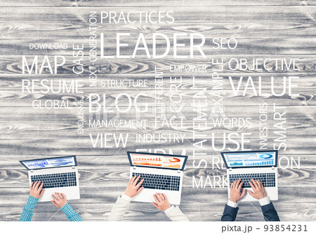 Top view of businesspeople sitting at table and using gadgets 93854231