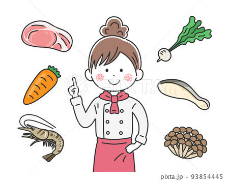 食材の説明をする 女性シェフのイラストのイラスト素材 食材の説明をする 女性シェフのイラストのイラスト素材
