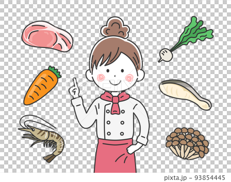 一位女廚師解釋配料的插圖 一位女廚師解釋配料的插圖 93854445