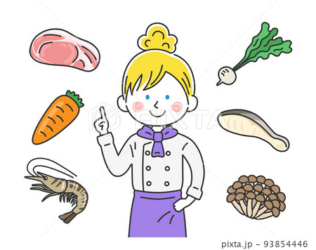 食材の説明をする、白人の女性シェフのイラスト 食材の説明をする、白人の女性シェフのイラスト 93854446
