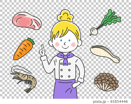 食材の説明をする、白人の女性シェフのイラスト 食材の説明をする、白人の女性シェフのイラスト 93854446