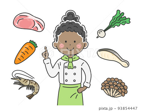 食材の説明をする、黒人の女性シェフのイラスト 食材の説明をする、黒人の女性シェフのイラスト 93854447